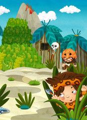 The cavemen - stone age - happy illustration for children