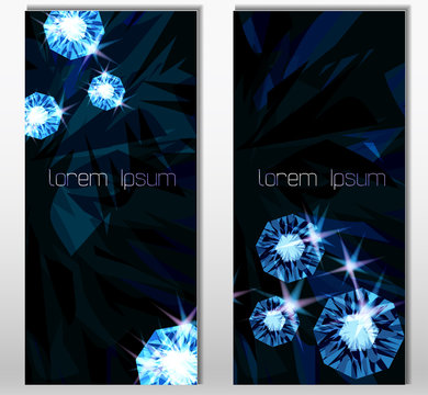 Mock up vector flyers or booklet design set. Sparkling blue diamonds and rhinestone on black background.