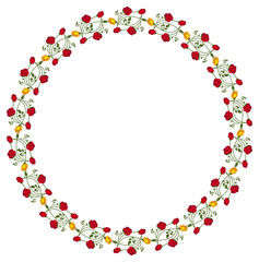 Round frame with red and yellow roses. Vector clip art.