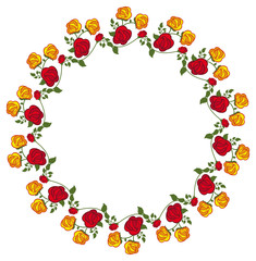 Round frame with red and yellow roses. Vector clip art.