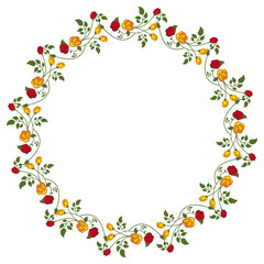 Round frame with red and yellow roses. Vector clip art.