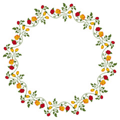 Round frame with red and yellow roses. Vector clip art.