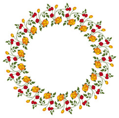 Round frame with red and yellow roses. Vector clip art.