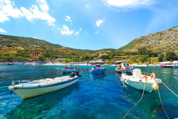 Agios Nikolaos Port Zakynthos island in the summer, with clear b