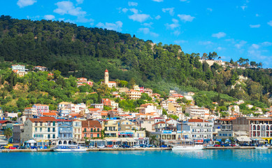 Fototapeta na wymiar Zante town panorama from the sea. Sunny summer day on the island