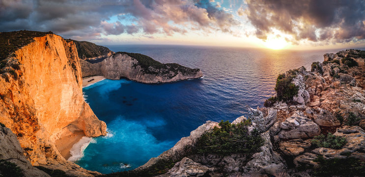 Sunset at Navagio Bay Zakynthos Greece. Panoramic view over the