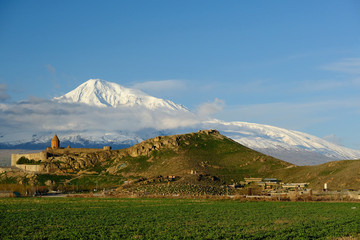 Ancient monastery in front of mountain