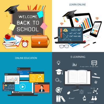 Design concept of education and online learning.Back to school template with blackboard and items for school. Icons for education, online education, online learning