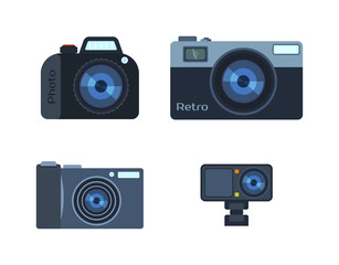 Different photo and video cameras. Different camera set photography isolated symbol photograph digital equipment. Retro technology camera set vintage element sign film collection.