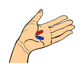 Human hand holding pills pose signal human fingers. Human hand isolated. Silhouette of hand showing symbols finger thumb vector illustration. Bank, money, shopping concept