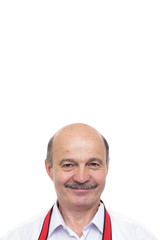 elderly man in a white shirt, bald with a mustache