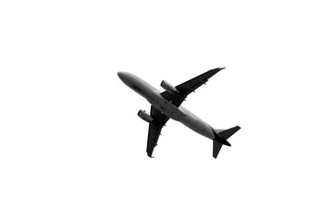 Closeup of the below of the plane that was flying up isolated on white background.