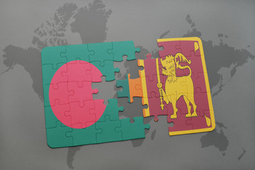 puzzle with the national flag of bangladesh and sri lanka on a world map background.