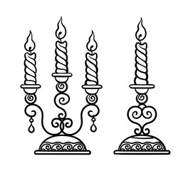 Vector illustration, outline, coloring book, set, candle in a candlestick, flame, hand-painting, abstraction