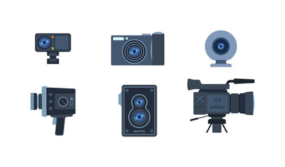 Different photo and video cameras. Different camera set photography isolated symbol photograph digital equipment. Retro technology camera set vintage element sign film collection.