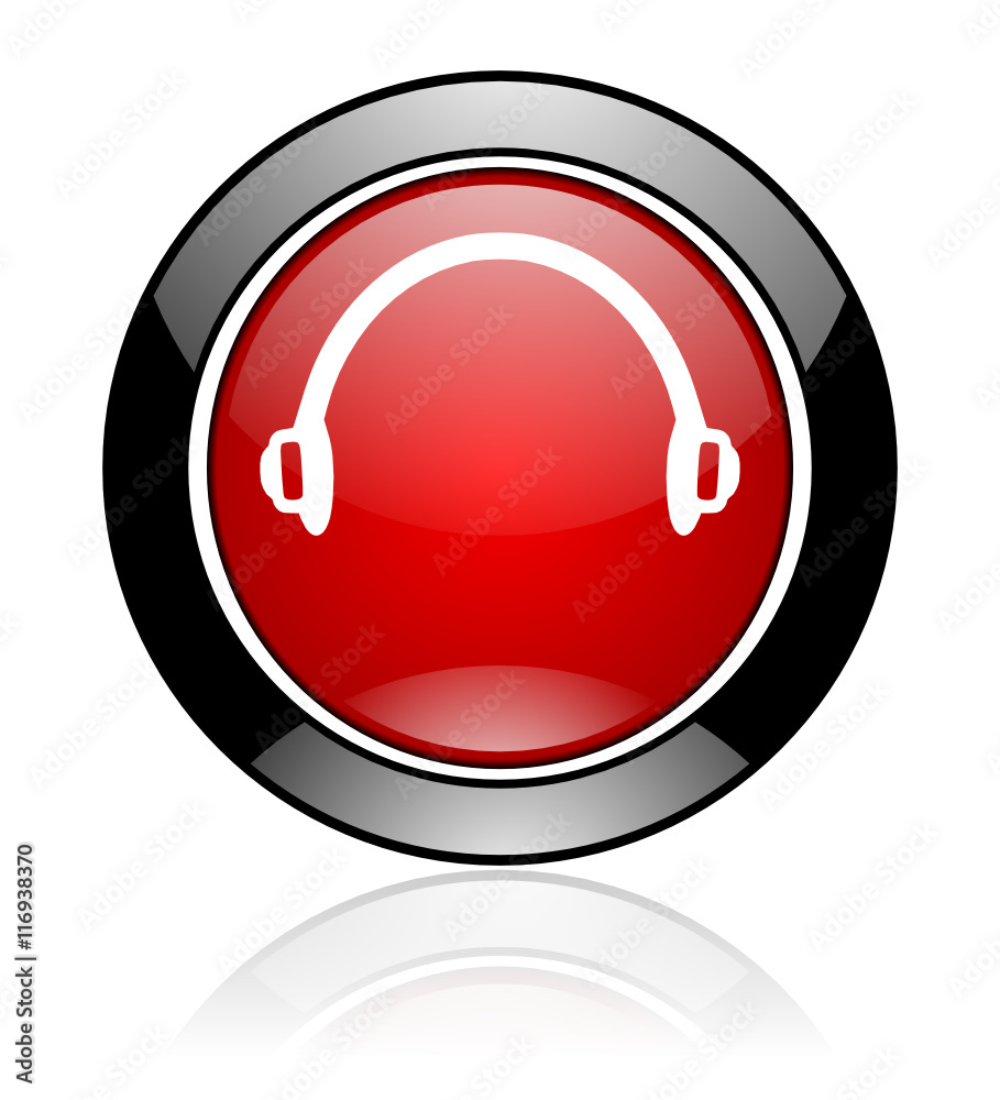 Poster Modern design red and black circle vector headphone icon. Round web music button.