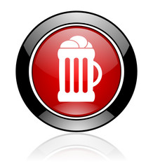 Round red and black glossy beer vector icon