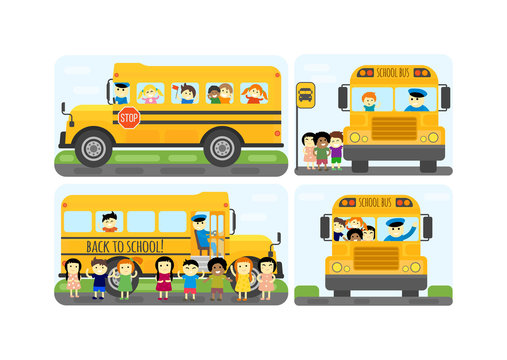 Illustration of school kids riding yellow schoolbus transportation education. Student child isolated school bus safety stop drive vector. Travel automobile school bus public trip childhood truck.