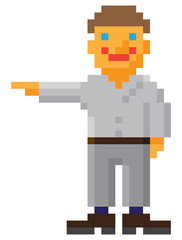 Vector pixel art style man with pointing hand gesture