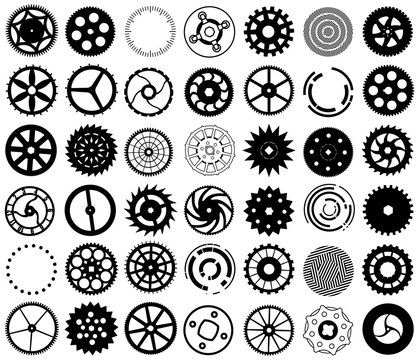 Vector set of silhouettes of gears and other round objects
