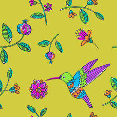 Fairy garden. vector seamless pattern with hand drawn colibri and flowers