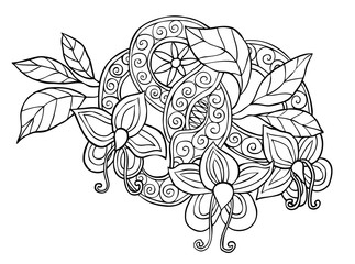 Fototapeta premium Hand drawn monochrome doodle flowers, leafs and ribbon with swirl