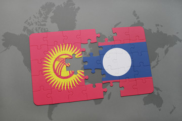 puzzle with the national flag of kyrgyzstan and laos on a world map background.
