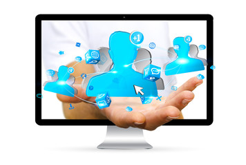 Businessman using digital social network interface