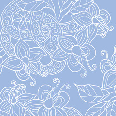 Background with hand drawn flowers, leafs and ribbon