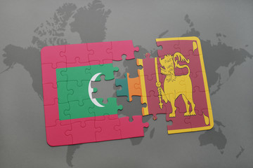 puzzle with the national flag of maldives and sri lanka on a world map background.