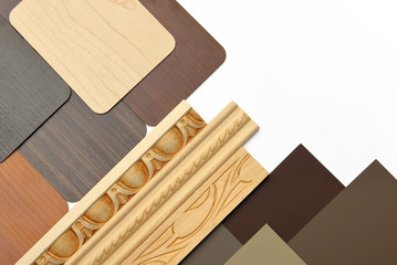 Interior design with moldings, samples of wood and color