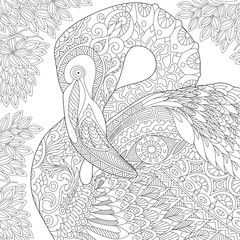 Obraz premium Stylizowany ptak flamingo wśród liści dżungli. Szkic odręczny dla dorosłych kolorowanki antystresowe z elementami doodle i zentangle.