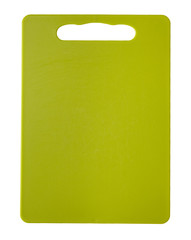A green plastic chopping board isolated on a white background