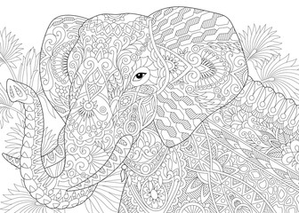 Stylized elephant among leaves of palm tree. Freehand sketch for adult anti stress coloring book page with doodle and zentangle elements.