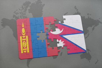 puzzle with the national flag of mongolia and nepal on a world map background.