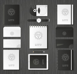 Corporate identity template set. Business stationery mock-up with logo. Branding design. Notebook, card, catalog, pen, pencil, badge, tablet pc mobile phone letterhead