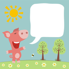 Cartoon pig with bobble speech. Box for your text. Funny pig in summer forest.