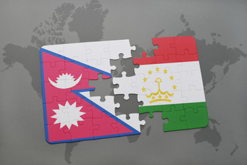 puzzle with the national flag of nepal and tajikistan on a world map background.