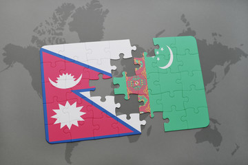 puzzle with the national flag of nepal and turkmenistan on a world map background.