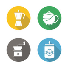 Coffee and tea flat design long shadow icons set