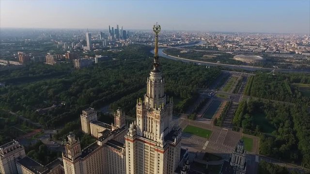 Aerial View of the Spire of the Moscow State University and the City of Moscow