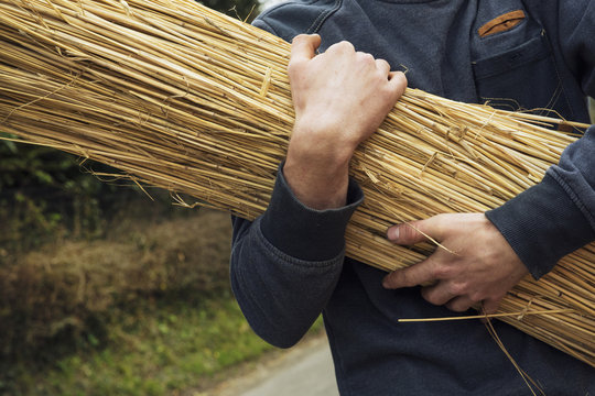 Close up of a thatcher carrying a yelm of straw up a roof.