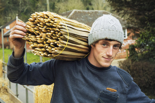 Thatcher carrying a bundle of wooden pegs used for thatching a roof.