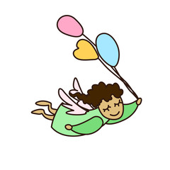 Vector illustration of flying cartoon angel with balloons