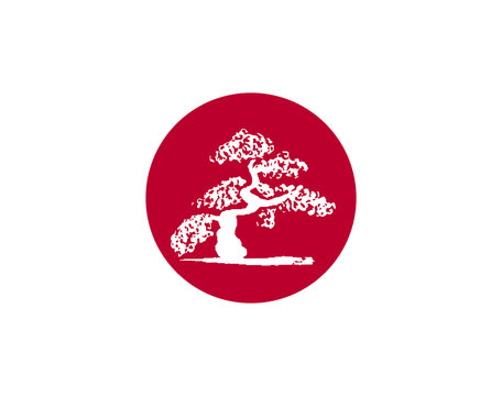 Vector Japanese flag with silhouette of bonsai
