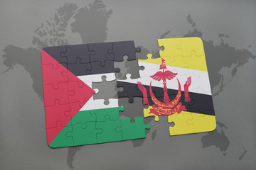 puzzle with the national flag of palestine and brunei on a world map background.