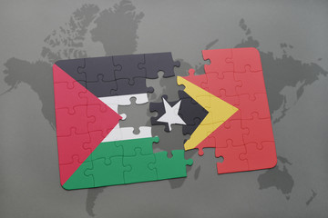puzzle with the national flag of palestine and east timor on a world map background.
