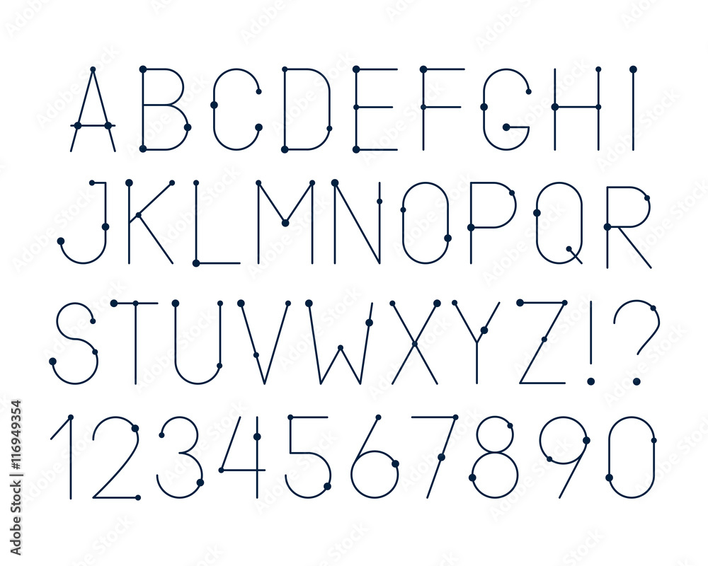 Fototapete vector linear alphabet letters, numbers and punctuation marks