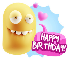 3d Rendering. Love Biting Lip Emoticon Face saying Happy Birthda