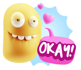 3d Rendering. Love Biting Lip Emoticon Face saying Okay with Col